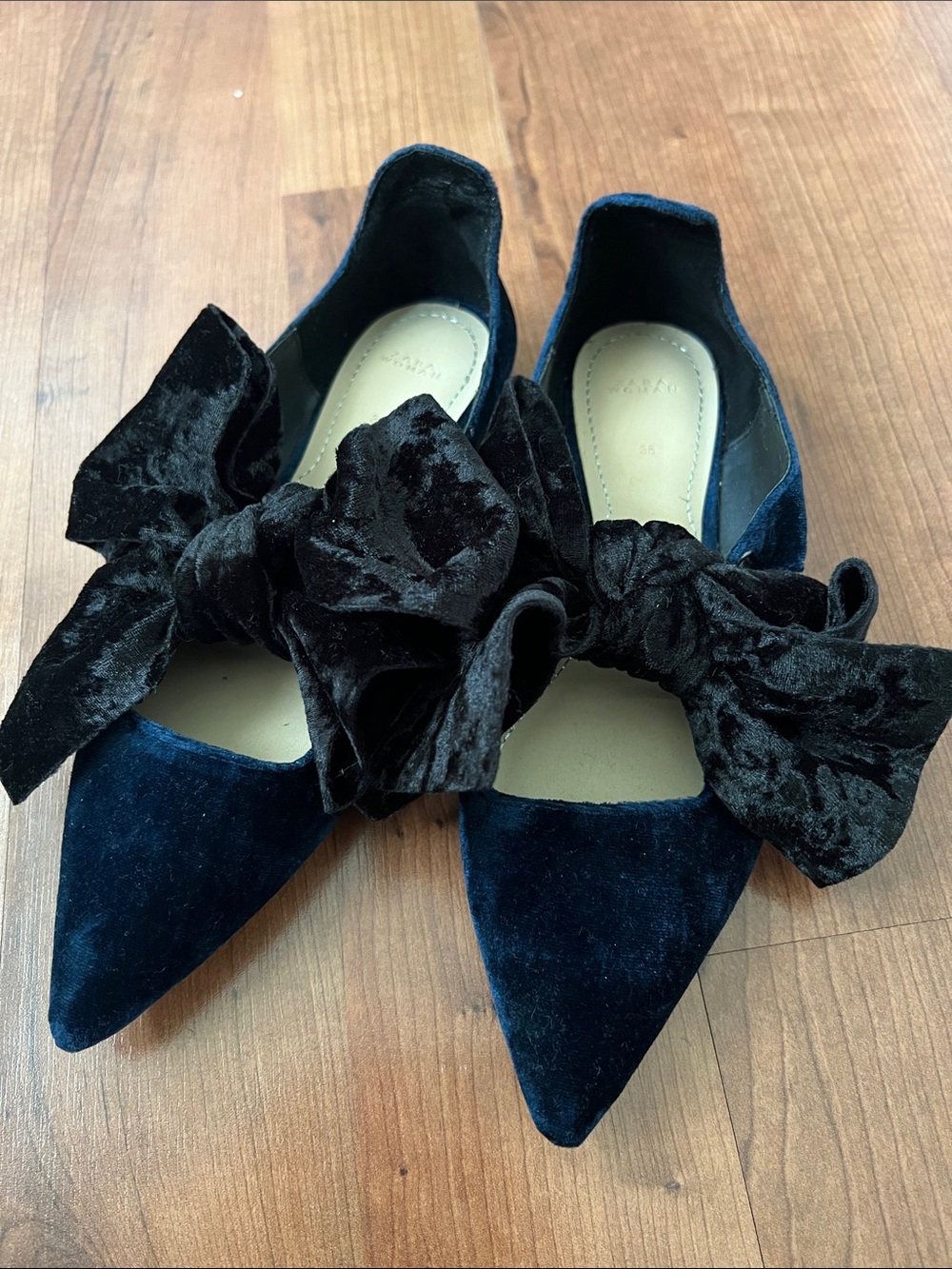 Zara Navy Blue Velvet Pointed Flats with Black Velvet Bows